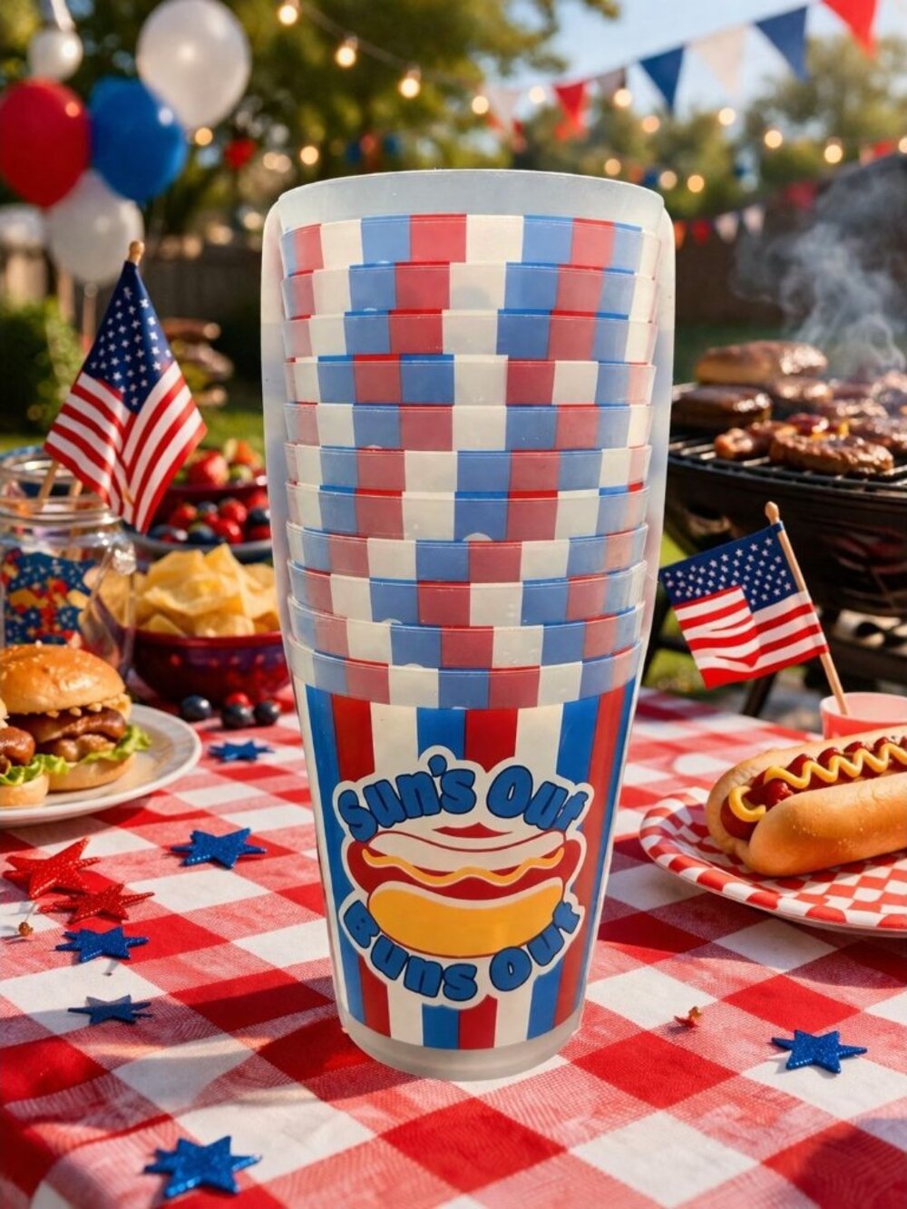 12 New 4th Of July Sun's Out Buns Star & Stripes Plastic Party Beverage Cup Set - Picture 2 of 3